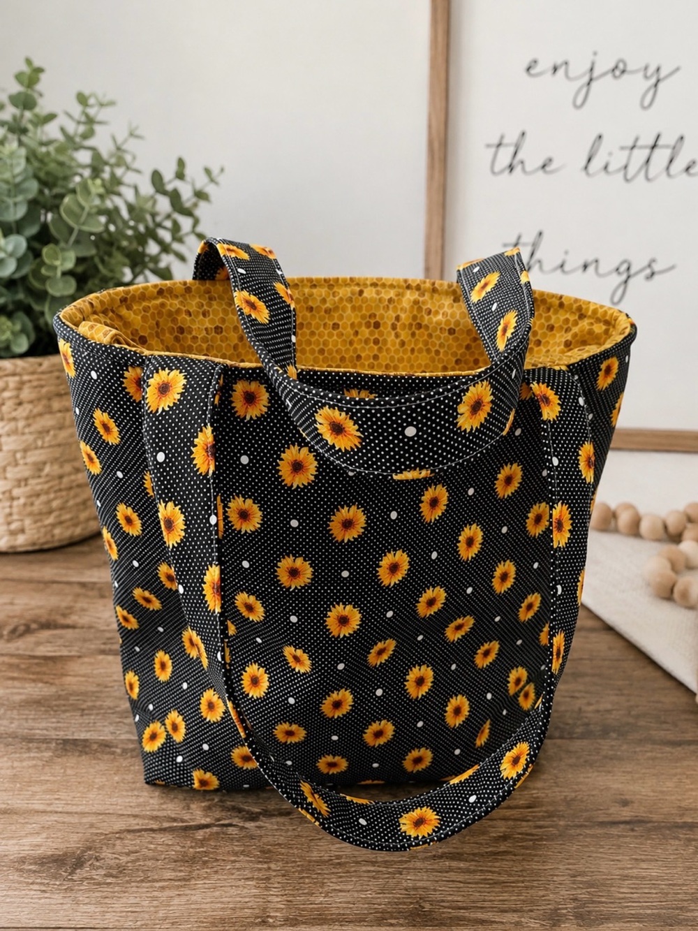 Sunflower Print Black Tote Bag with Gold Lining